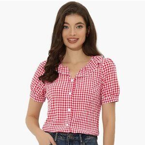 Allegra K Plaid Blouse Puff Sleeve Ruffle Peter Pan Collar Shirt Top Large